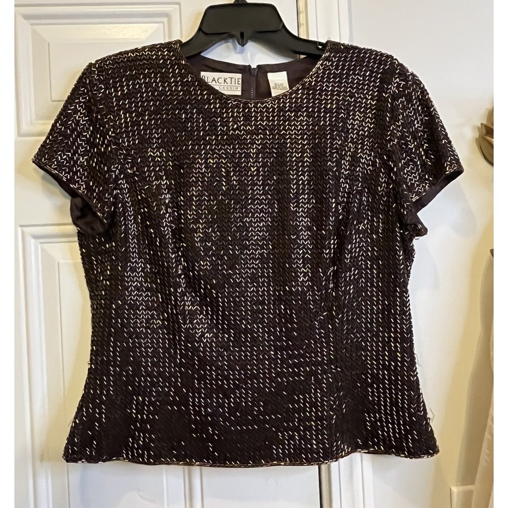 Vintage 90s Black Tie Oleg Cassini Beaded Silk Top 12 Brown Bronze Whimsigoth